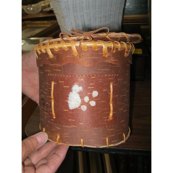 SM. BIRCH BARK BASKET W/LID, SIGNED