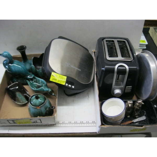 BLUE MOUNTAIN POTTERY PIECES, WESTINGHOUSE ELECTRIC GRILL, TOASTER, ETC.
