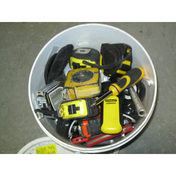BUCKET W/ASST. TAPE MEASURES, STUD FINDER, CASTORS, ETC.