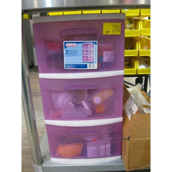 3 TIER PLASTIC CONTAINER W/MISC. ITEMS: CUPCAKE LINERS, SPRINKLES, ETC.