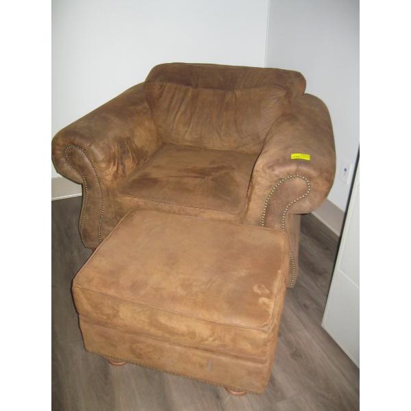 LG. UPHOLSTERED CHAIR & FOOTSTOOL