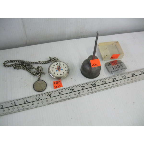 MASSEY FERGUSON PIN, VINTAGE OILER, POCKET WATCH (NATIONAL UNION OF RAILWAY MEN)