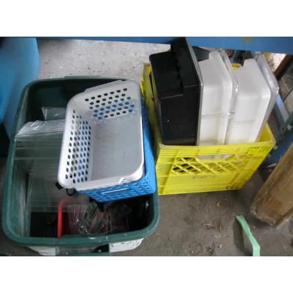 2 BINS OF MISC. PLASTIC CONDIMENT DISHES, BAR ITEMS, ETC.