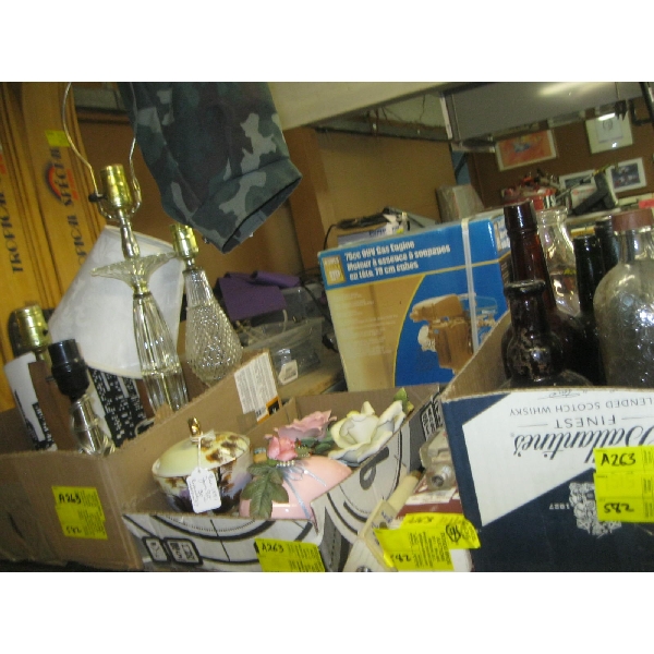COLLECTABLE BOTTLES, SCHLITZ BOTTLE FLASHLIGHT, SPIGOT HANDLES, TABLELAMPS, CHINA, ETC.