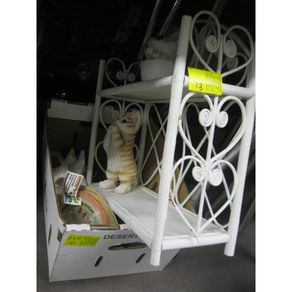 MISC: WICKER SHELF, CAT FIGURINES, ETC.