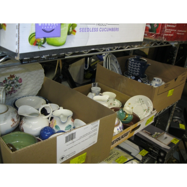 3 BOXES OF ASST. TEAPOTS, DISHWARE, ETC.