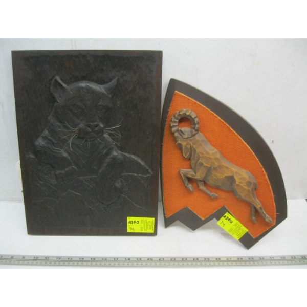 BIG HORN SHEEP & CAT CARVING PLAQUE WALL HANG