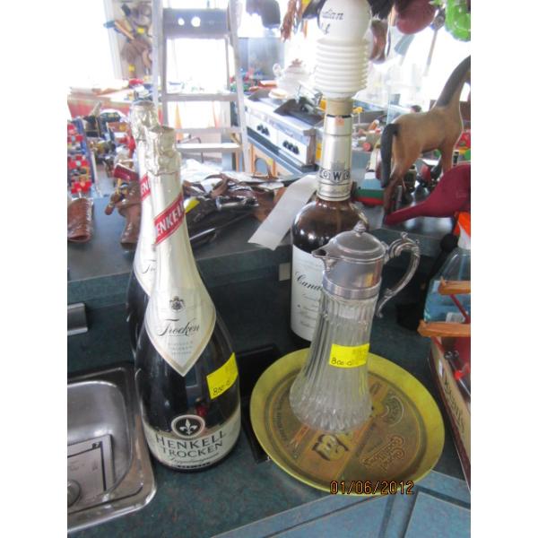TEXAS MICKEY DECANTER, TIN TRAY & CHAMPAGNE BOTTLES