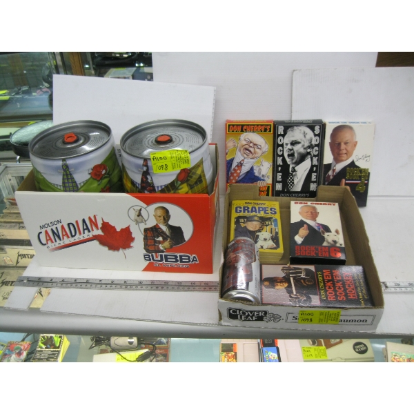 2 LG. BEER KEG CANS & BOX OF DON CHERRY COLLECTABLES