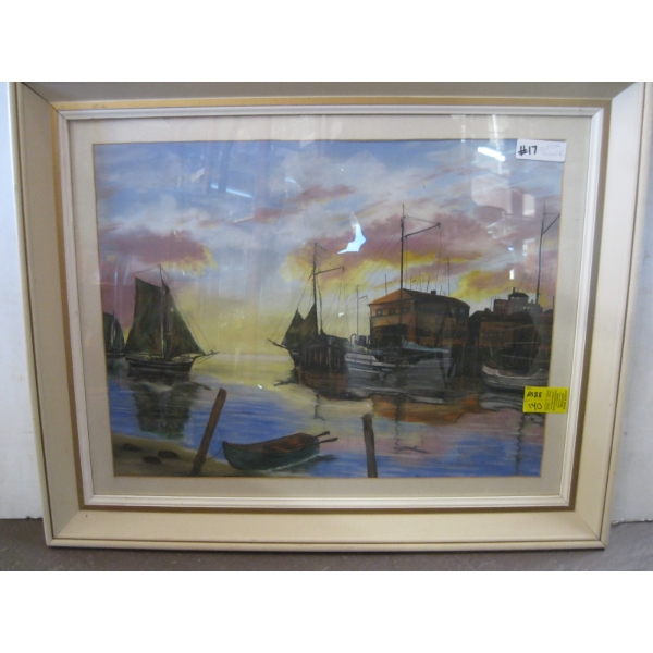 LG. WATER COLOR PAINTING OF SAILING SHIPS AT HARBOR
