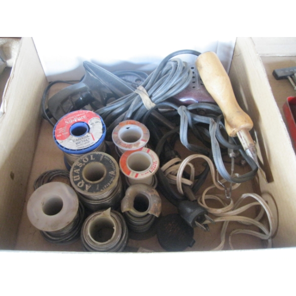 BOX W/SOLDERING IRONS, GUNS & SOLDER