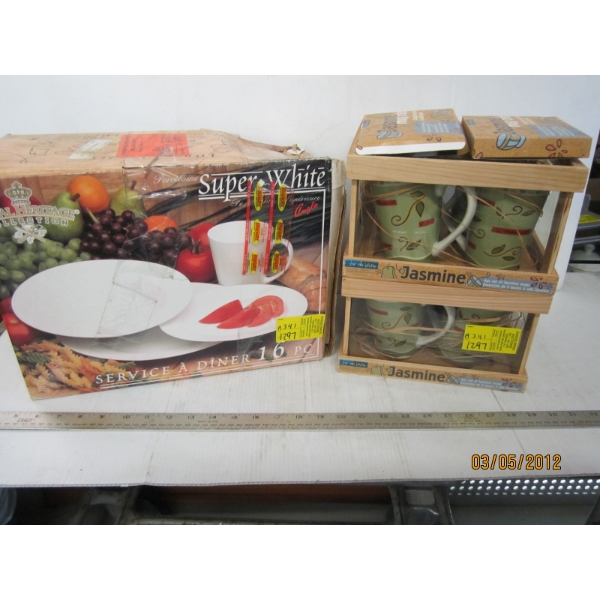 SUPER WHITE PORCELAIN DISHES & 2 - 4 PIECE MUG SETS