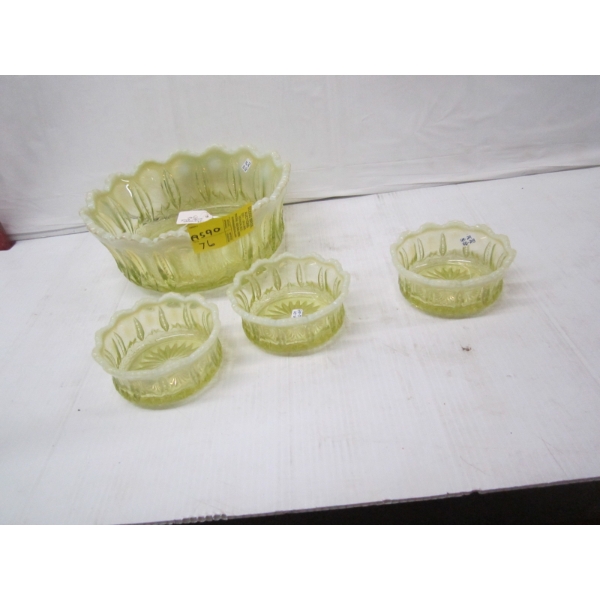 VASELINE GLASS LG. BOWL W/3 SMALLER DESSERT BOWLS (FLUORESCENT)