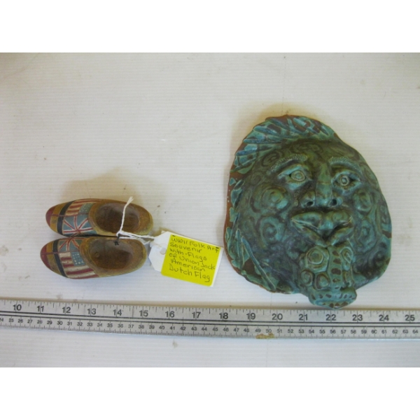 SIGNED POTTERY MASK BY BONNIE ANDERSON & A WW2 PAIR OF WOODEN FOLK ART SOUVENIR SHOES