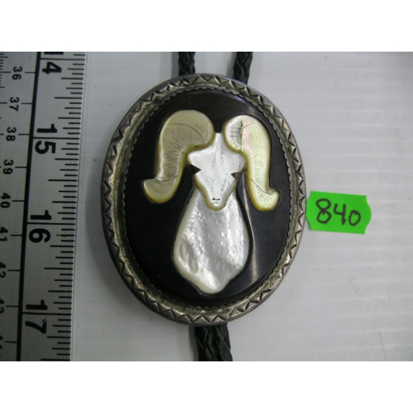 SILVER W/RAM DESIGN BOLO TIE, MARKED JIM PAYWA
