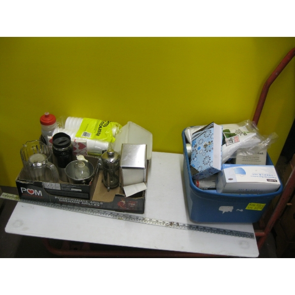 2 BOXES MISC. MASKS, COFFEE PRESS, CUPS, ETC.