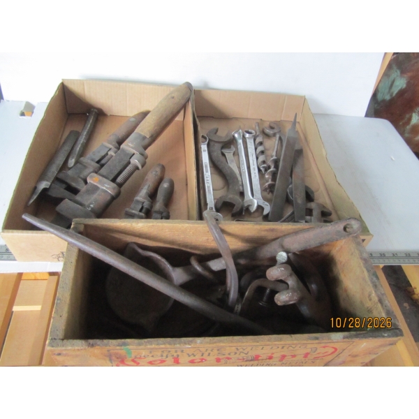 3 BOXES MISC. VINTAGE WRENCHES, LADLE, BITS, ETC.