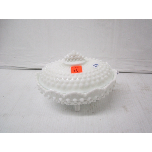 DECORATIVE LIDDED FENTON MILK GLASS DISH