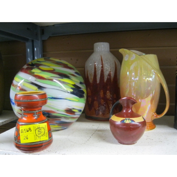 5 PIECES OF GLASSWARE & POTTERY