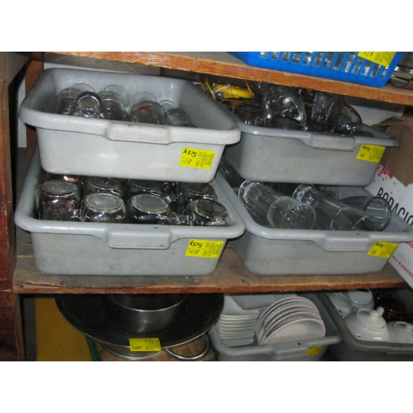 4 TUBS OF ASST. GLASSWARE: MUGS, TALL PARFAIT SUNDAE GLASSES, ETC.