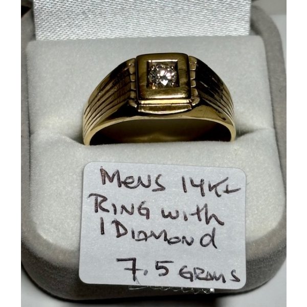 MEN'S 14KT RING W/1 DIAMOND, 7.5G - SZ 12 3/4