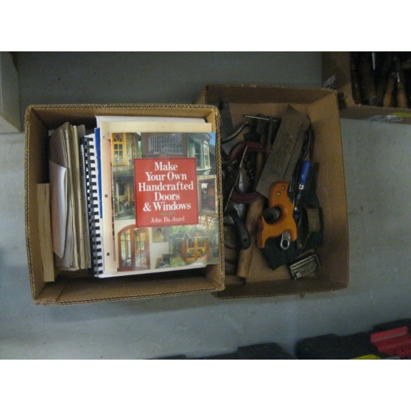 FLAT OF HAND TOOLS & BOX OF BOOKS