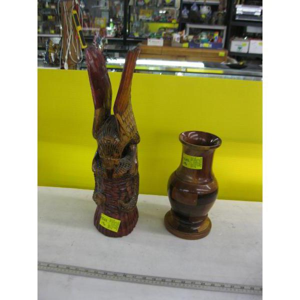 WOODEN CARVED EAGLE & TURNED WOODEN VASE