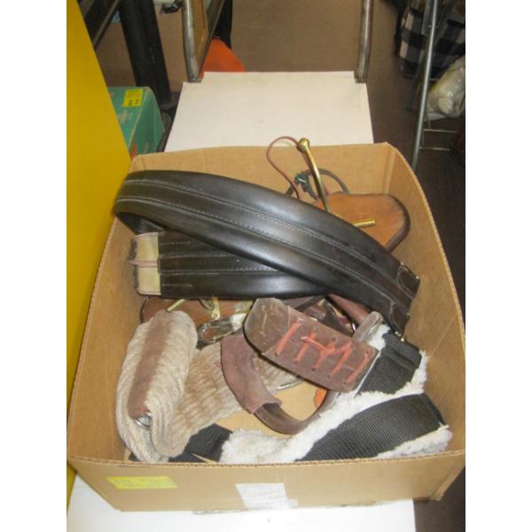 BOX W/MISC. COAT RACK, STRAPS, STIRRUPS, ETC.