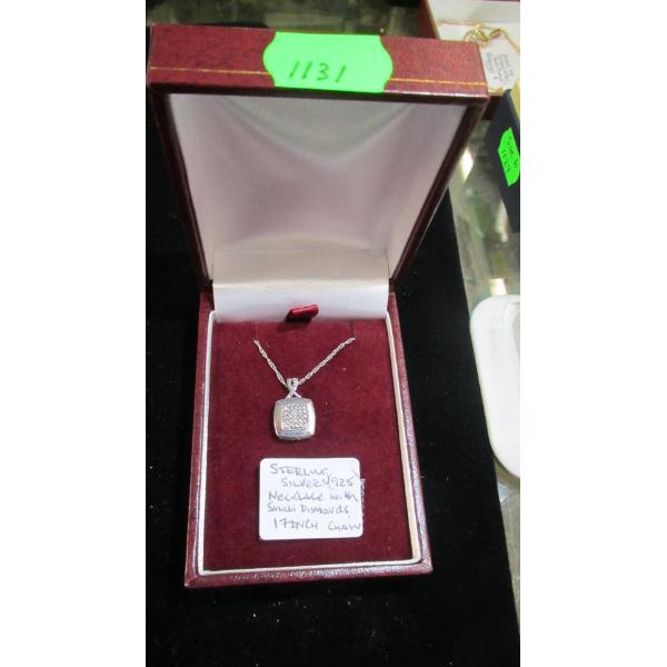 STERLING SILVER NECKLACE W/PENDANT W/SMALL DIAMONDS, 17" CHAIN