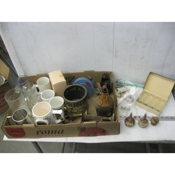 MISC. GLASSWARE, MUGS, BRASS, ETC.