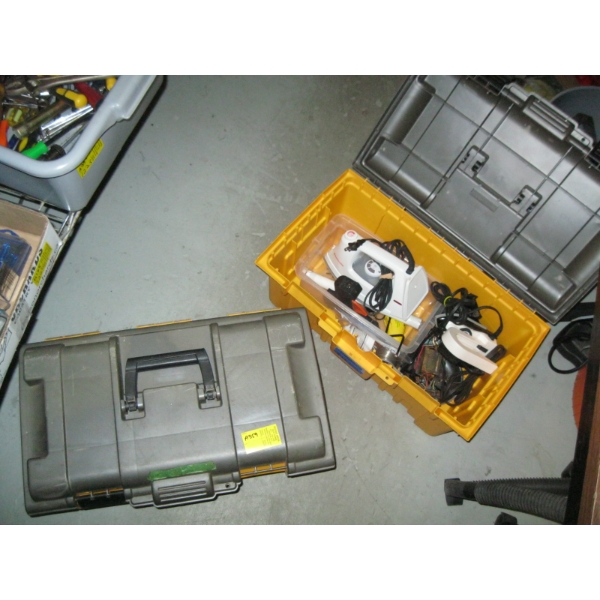 2 TOOLBOXES W/MISC. TOOLS, GLUE GUNS, IRONS, SOLDER, ETC.