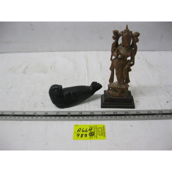 CARVED SEAL, SIGNED & A FIGURINE