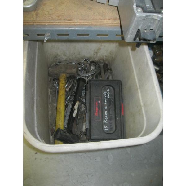 BIN OF ASST. WRENCHES, HAMMER, ETC.