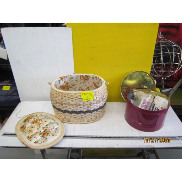 SEWING BASKET & TIN W/ASST. CONTENTS