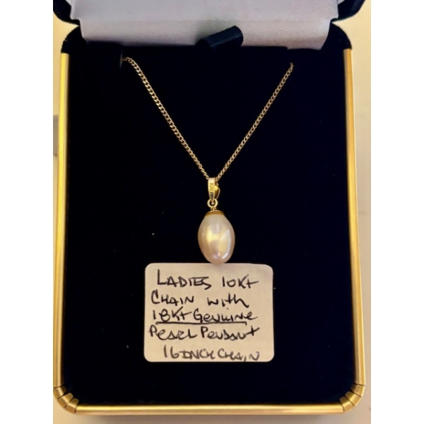 LADIES 10KT CHAIN W/18KT GENUINE PEARL PENDANT, 16" CHAIN