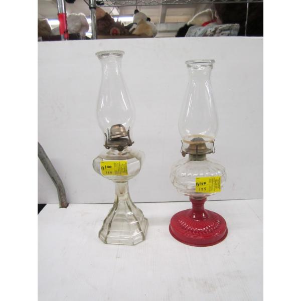 PAIR OF OIL LANTERNS - 1 GLASS BASED, 1 TIN BASED