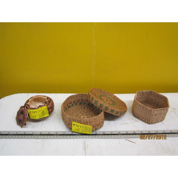 2 WICKER TYPE BASKETS & 1 WOOD BOWL