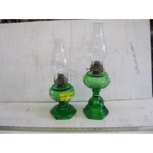2 GREEN BASED OIL LAMPS