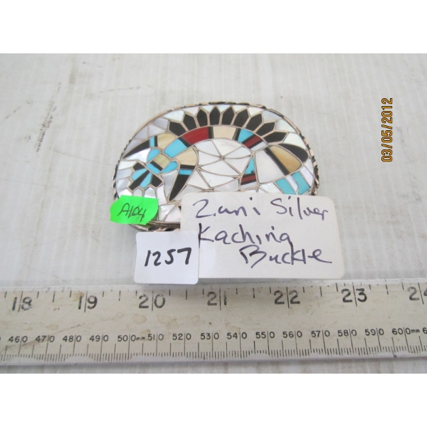 ZUNI SILVER KACHINA INLAID BELT BUCKLE
