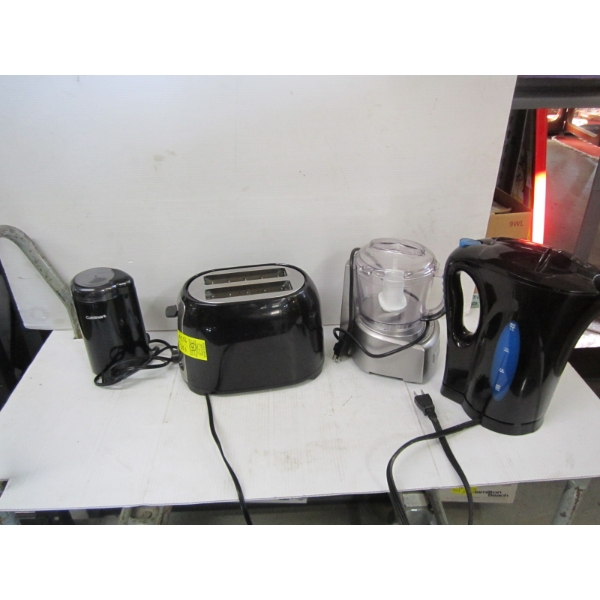 4 ELECTRIC APPLIANCES - TOASTER, FOOD PROCESSOR, KETTLE, COFFEE GRINDER