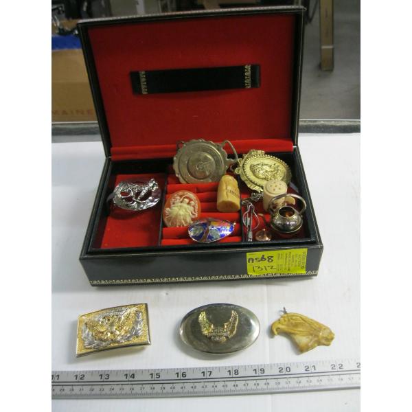 JEWELLERY BOX W/MISC. BELT BUCKLES, ETC.