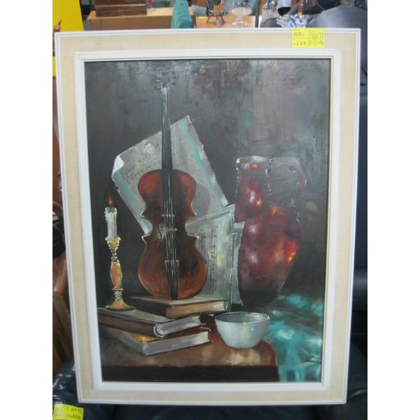 FRAMED ORIGINAL OIL ON BOARD PAINTING OF VIOLIN, SIGNED