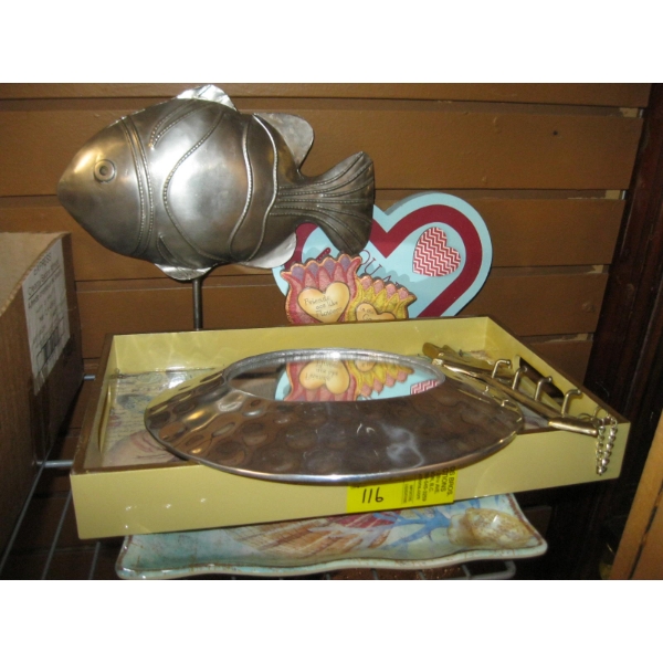 MISC. SM. ROUND MIRROR, KEYHOOK, FISH FIGURINE, ETC.