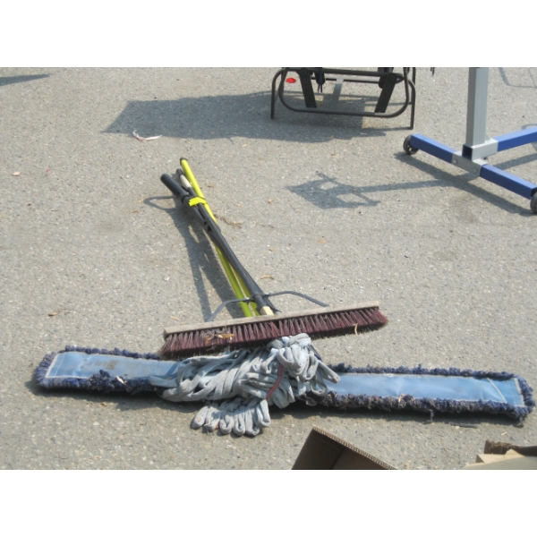 BUNDLE OF MOPS, SCRAPER, DUST MOP, ETC.
