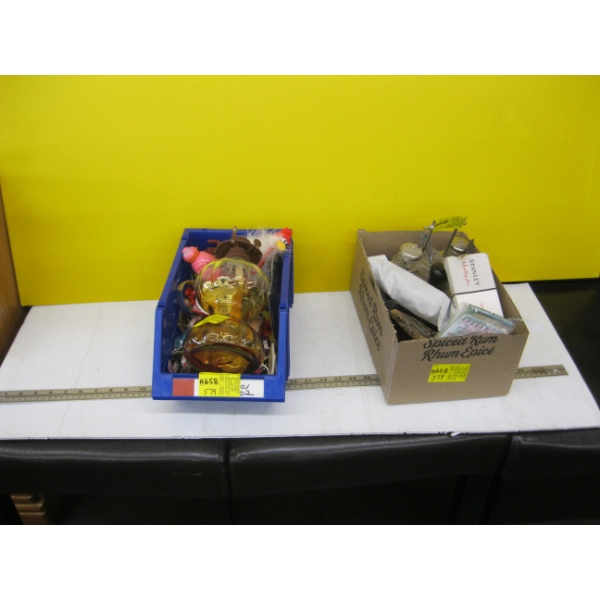 2 CONTAINERS OF MISC. OIL LANTERN, KEYCHAINS, CONDIMENT SET, ETC.