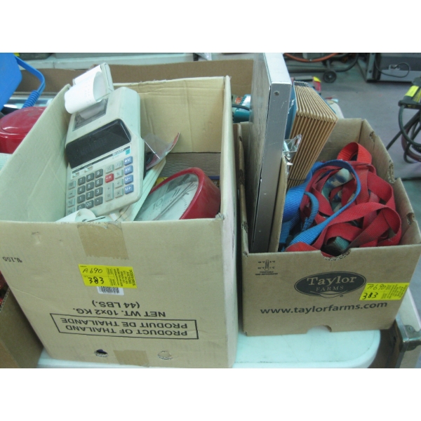 2 BOXES OF MISC. ELECTRIC CLOCK, ADDING MACHINES, MAGNIFYING GLASS, STRAPS, ETC.