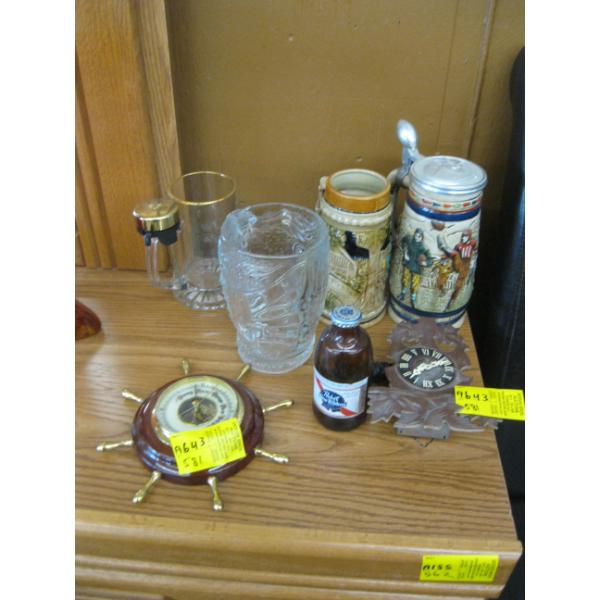 MISC. MINI CUCKOO CLOCK, AVON TANKARDS, BAROMETER, ETC.