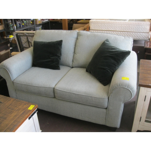 LIGHT GREEN LOVESEAT W/2 CUSHIONS