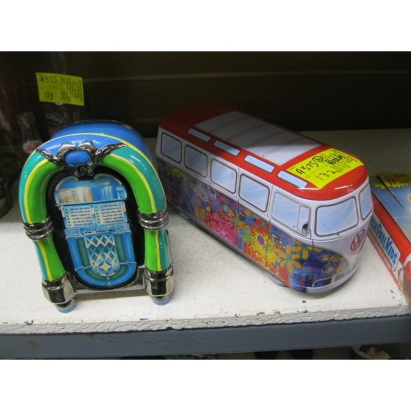 DECORATIVE TIN BUS W/PUZZLE & A DECORATIVE MUSIC BOX