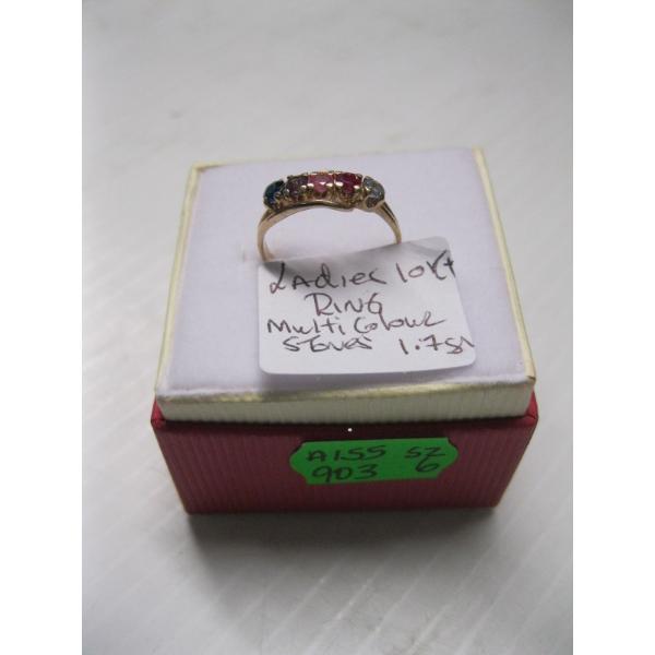 LADIES 10KT RING, MULTI COLORED STONE, 1.7G SZ 6